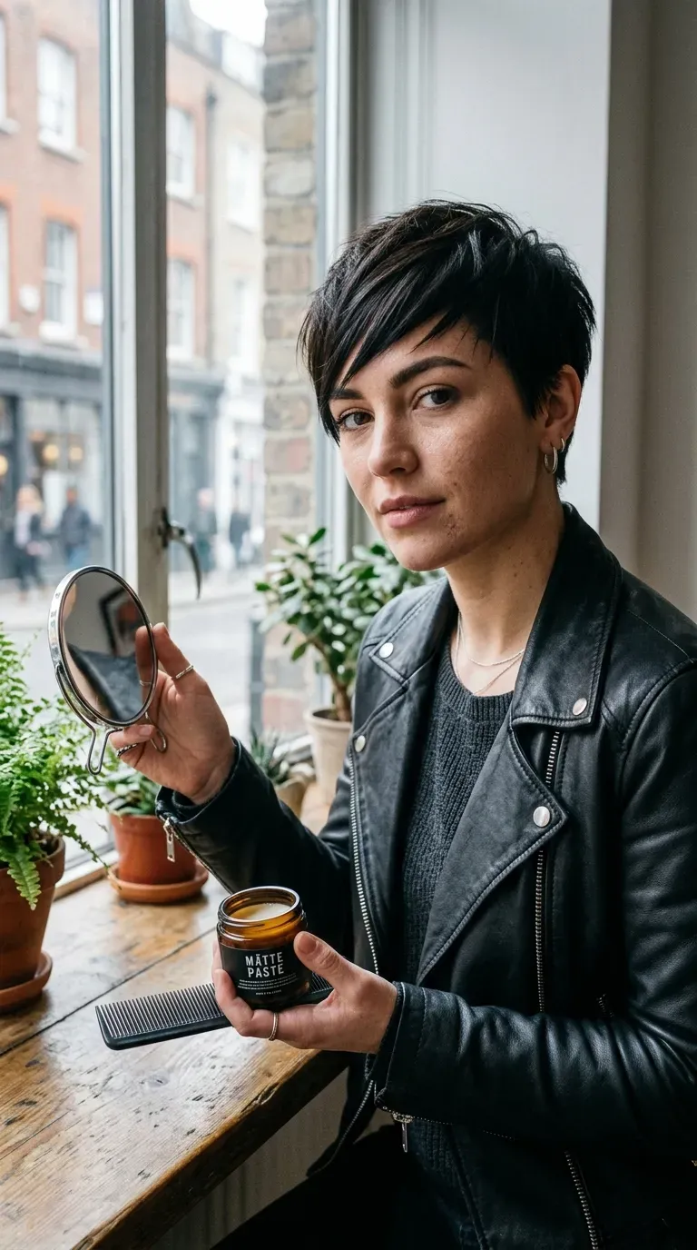 Woman with angled bangs cut on a diagonal above a cropped pixie