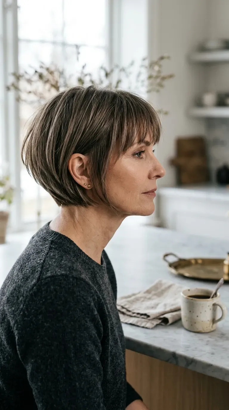 Side profile of an angled bob with piecey, textured bangs falling across the brow