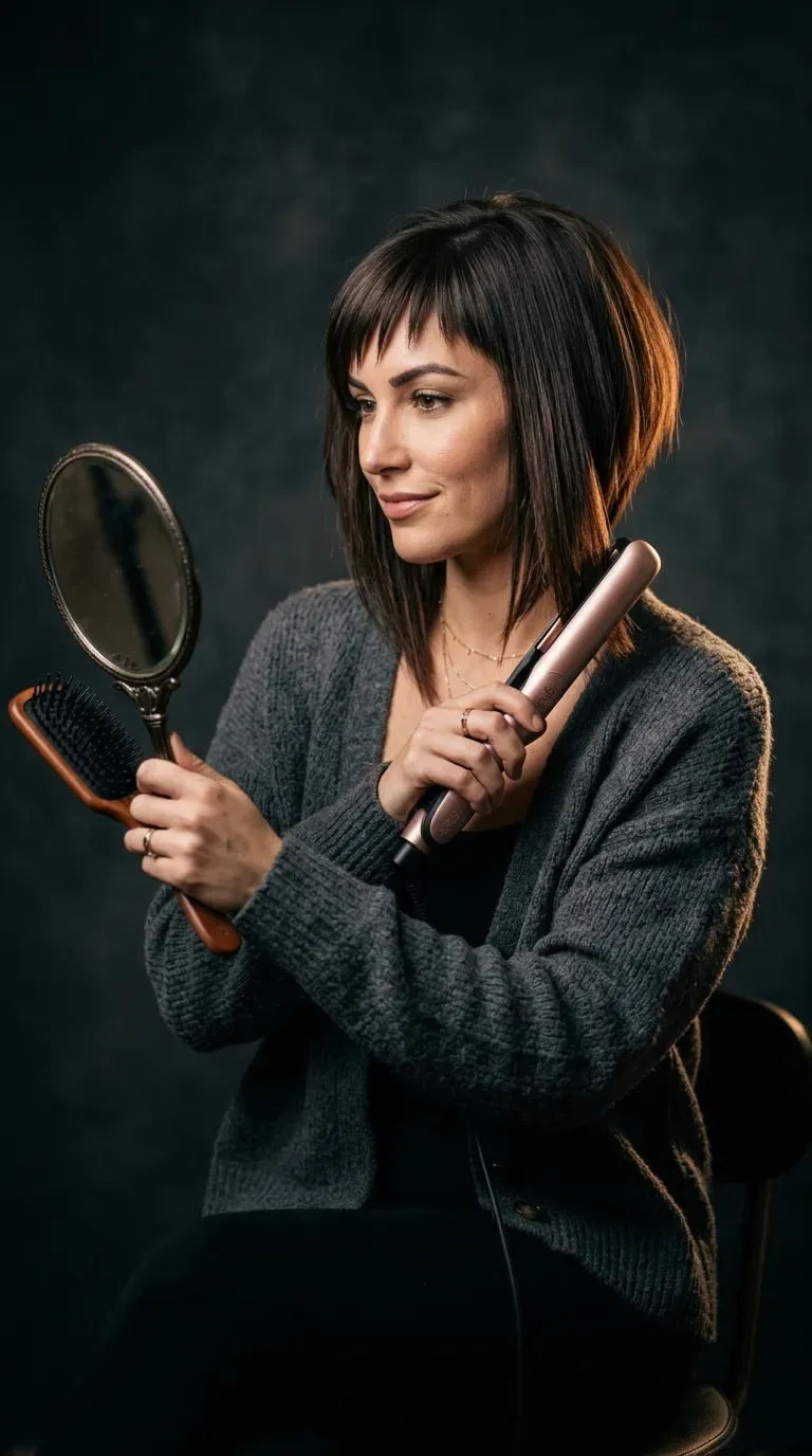 Woman with asymmetrical bangs paired with a sharply angled bob