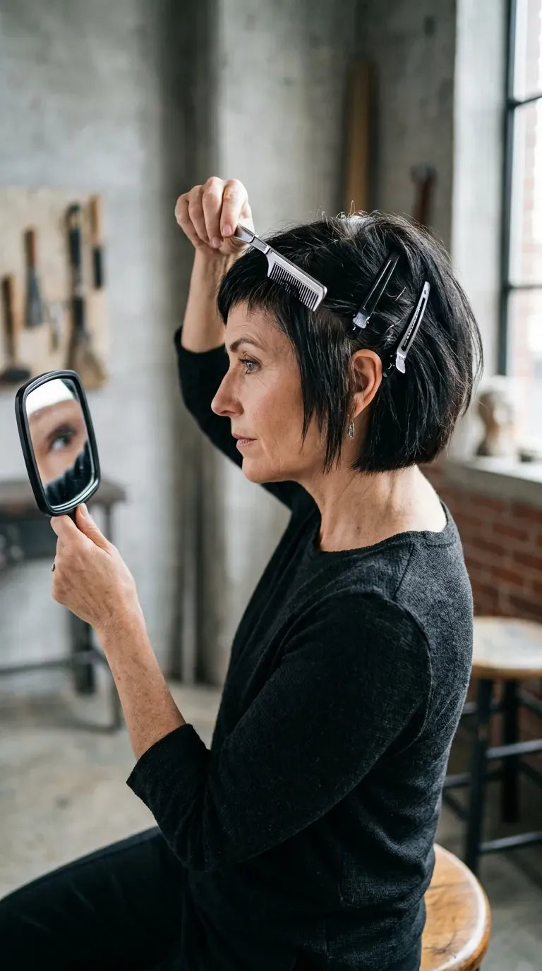 Woman over 60 with an asymmetrical choppy bob, shorter on one side