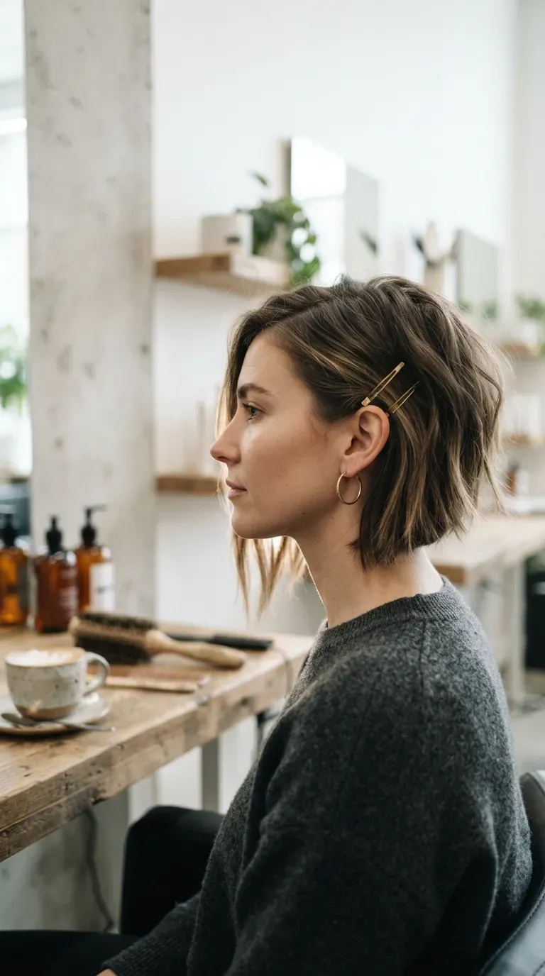 Side profile of an asymmetrical choppy bob with one side longer than the other