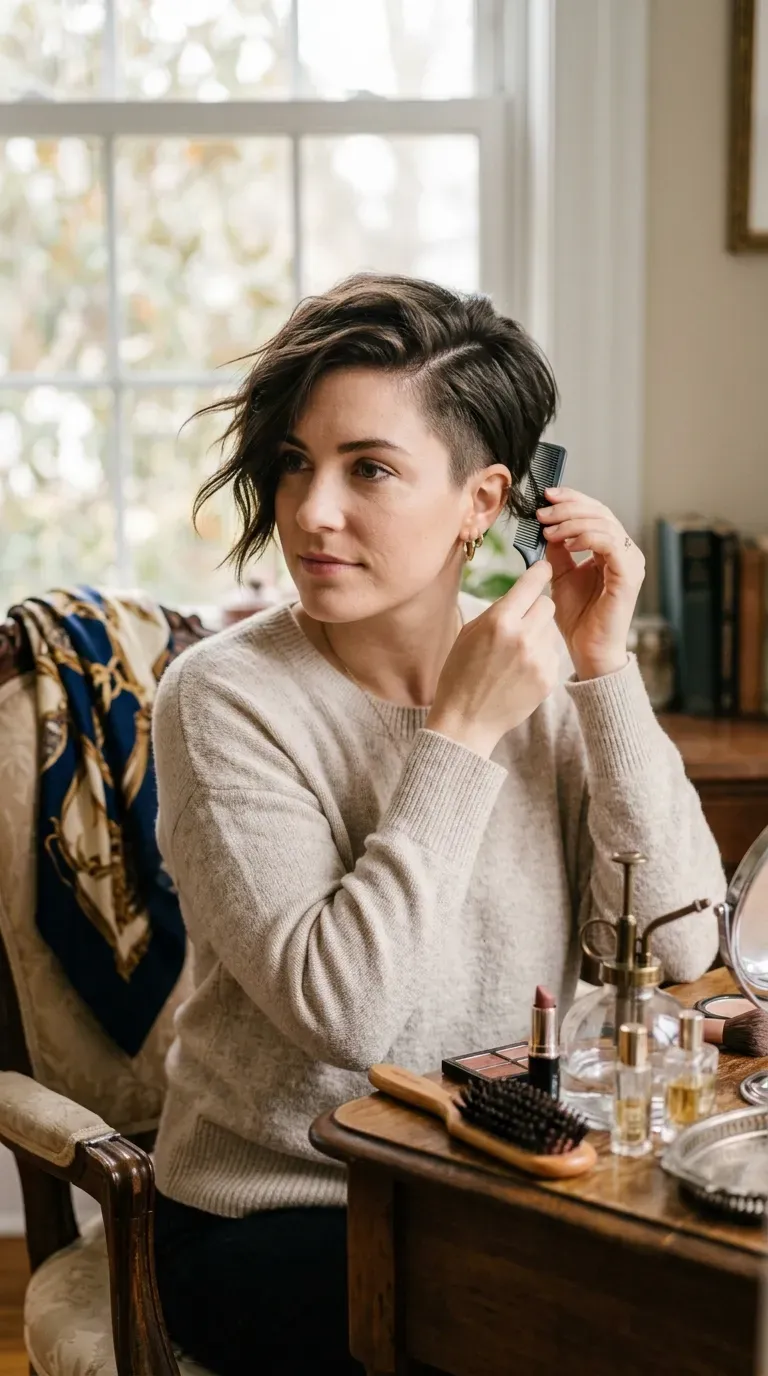Woman with an asymmetrical side-swept pixie cut for fine hair volume