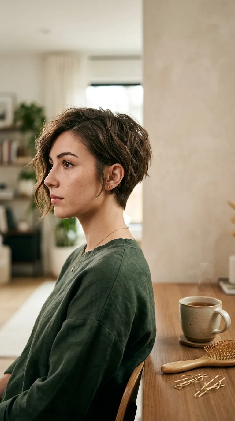 Woman with an asymmetrical shaggy pixie, one side noticeably longer than the other
