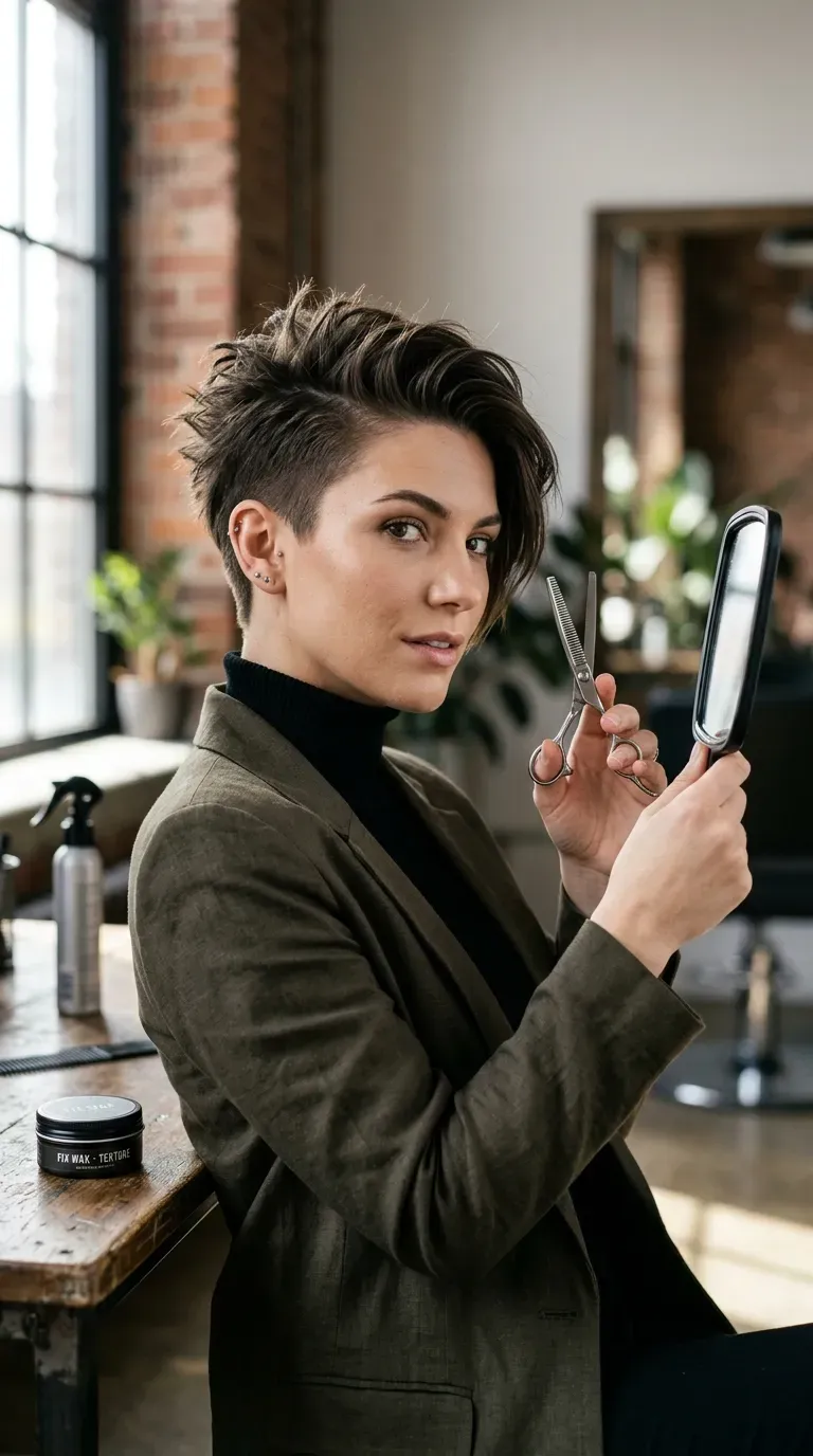 Asymmetrical spiky pixie haircut with one longer side for older women