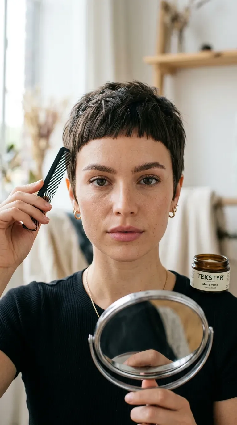 Woman with very short baby bangs on an ultra-short pixie cut