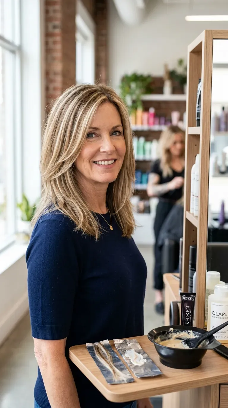 Woman over 50 with fine hair featuring soft balayage highlights woven through layers for fullness