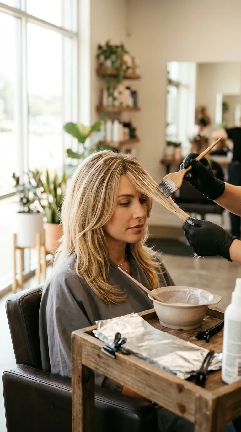Woman with soft balayage color framing her layered front pieces around her face