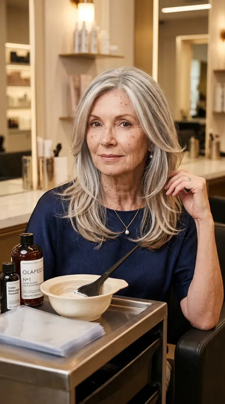 Elegant woman over 70 with soft balayage highlights woven gently through her layered hair ends