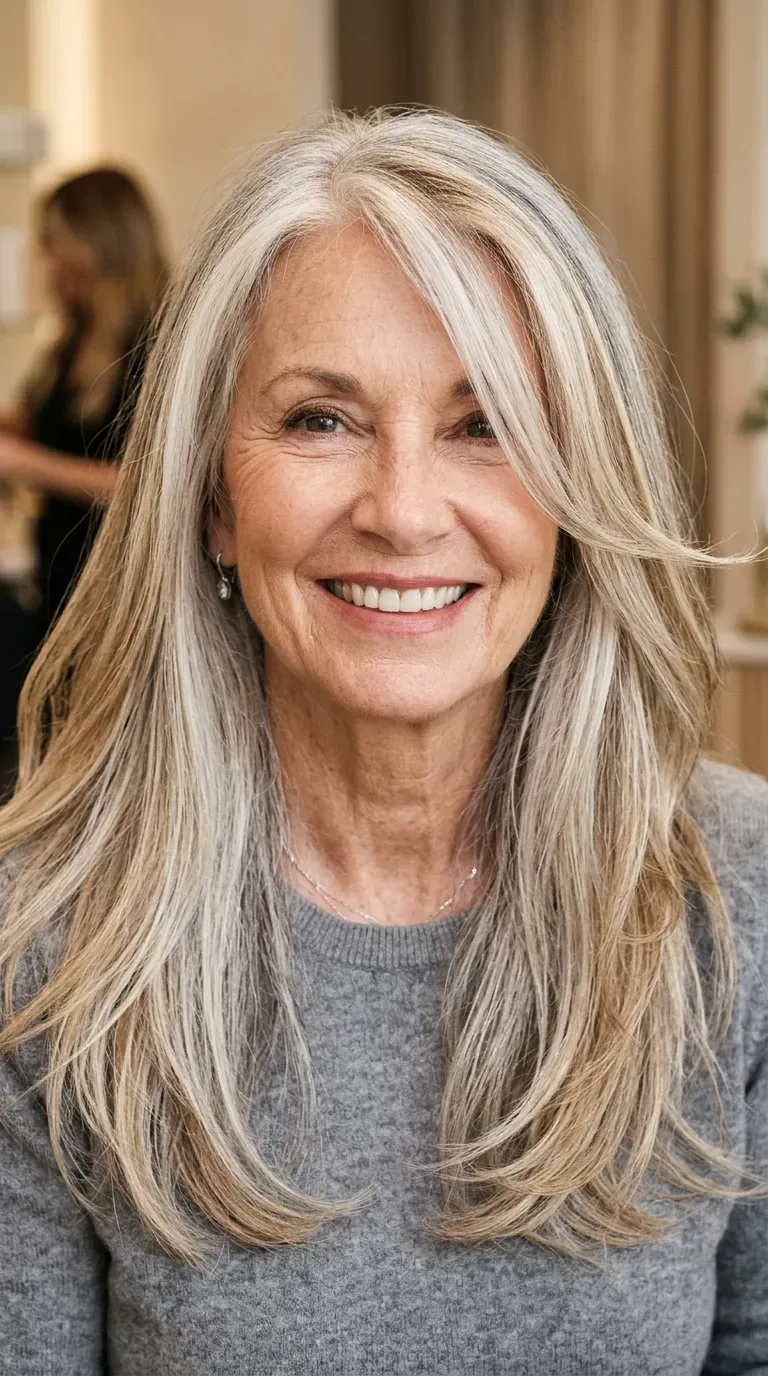 Elegant woman over 70 with soft balayage highlights woven gently through her long layered hair