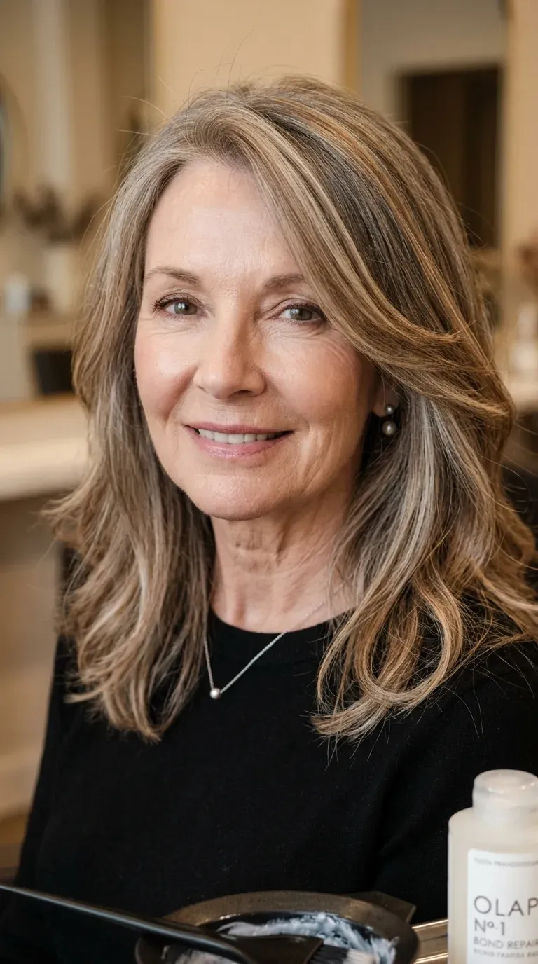 Elegant woman over 70 with soft balayage highlights woven gently through her medium layered hair