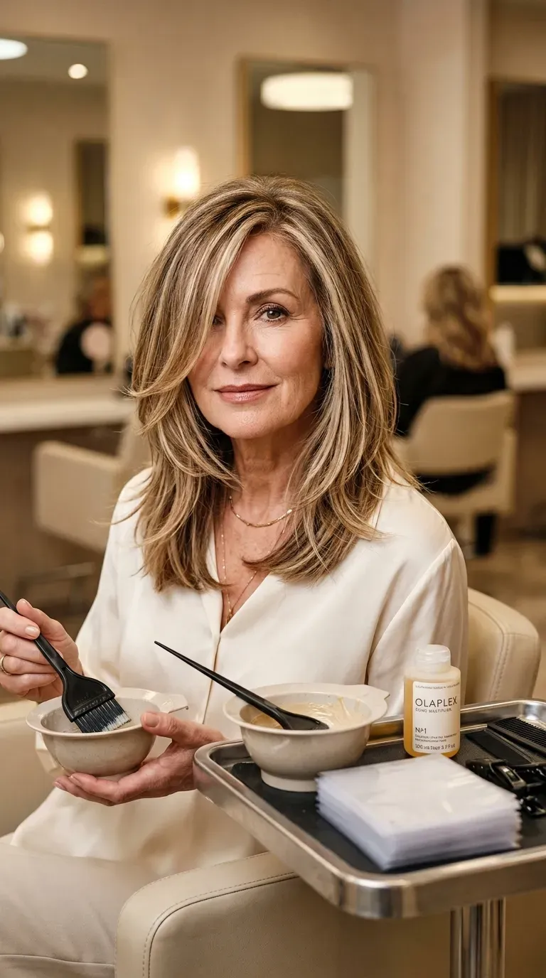 Woman over 60 with soft balayage highlights woven through her layered hair ends