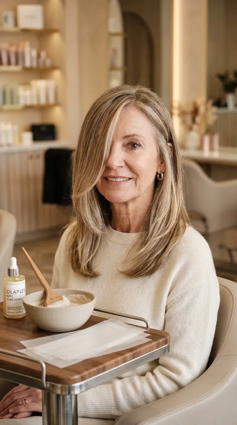 Woman over 60 with soft balayage highlights woven through her layered fine hair ends