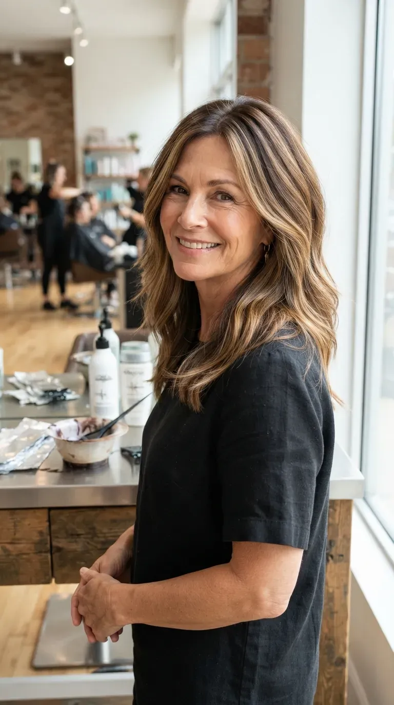 Woman over 50 with soft balayage highlights woven through medium layered hair strands