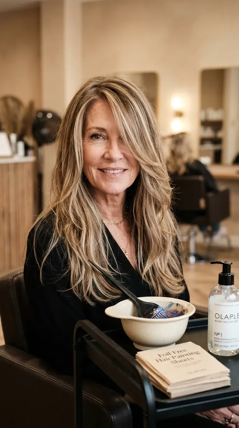 Woman over 60 with soft balayage highlights woven through her long layered hair