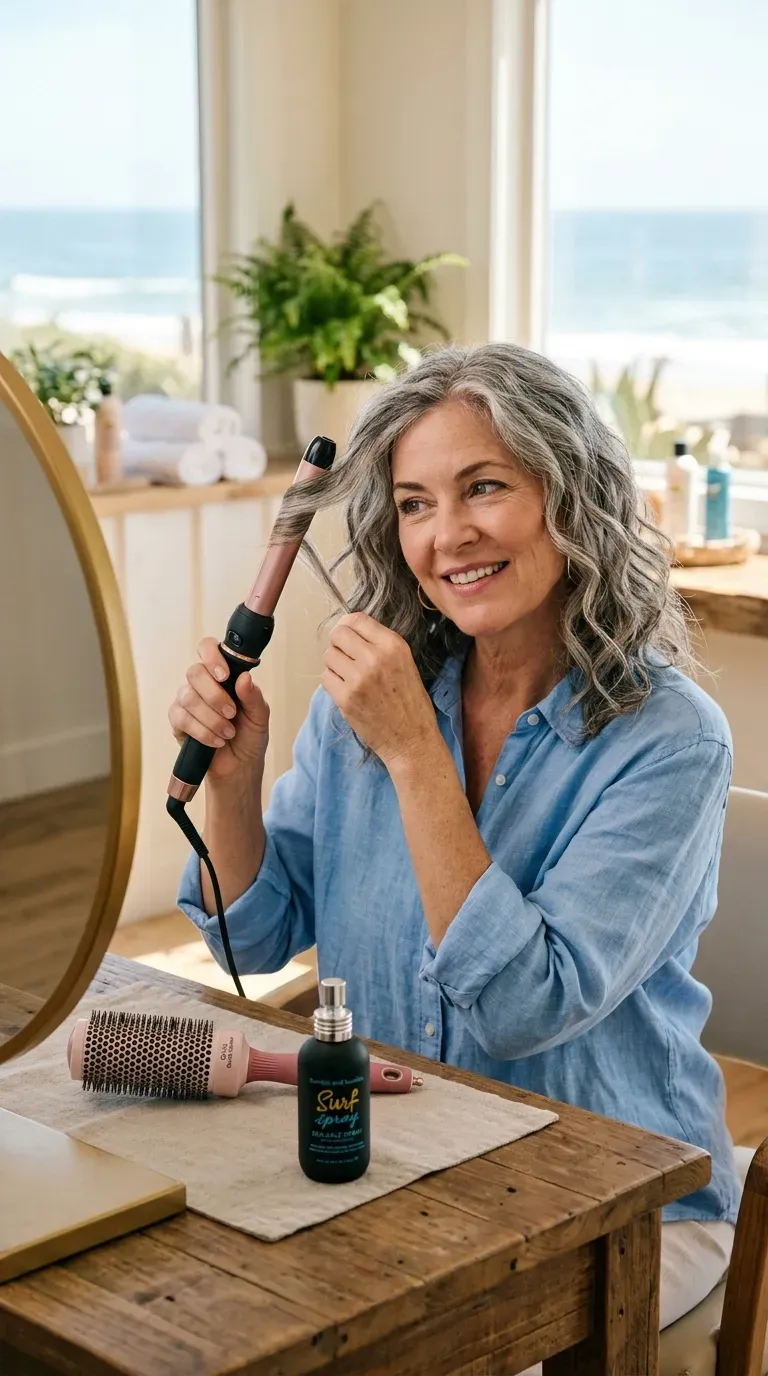 Woman over 50 curling front layers into loose beachy waves near a mirror