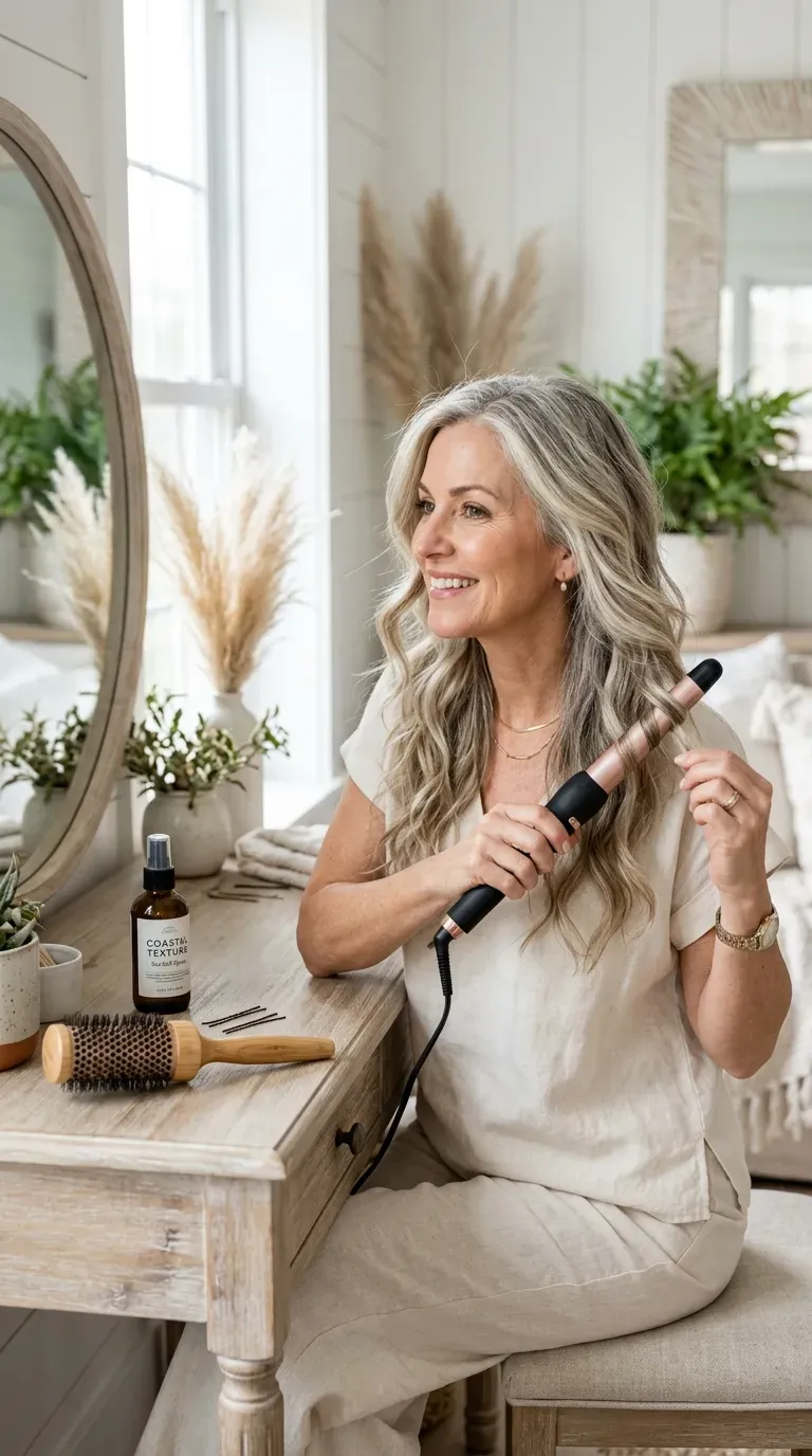 Woman over 50 curling long layered hair into loose beachy waves with a wand