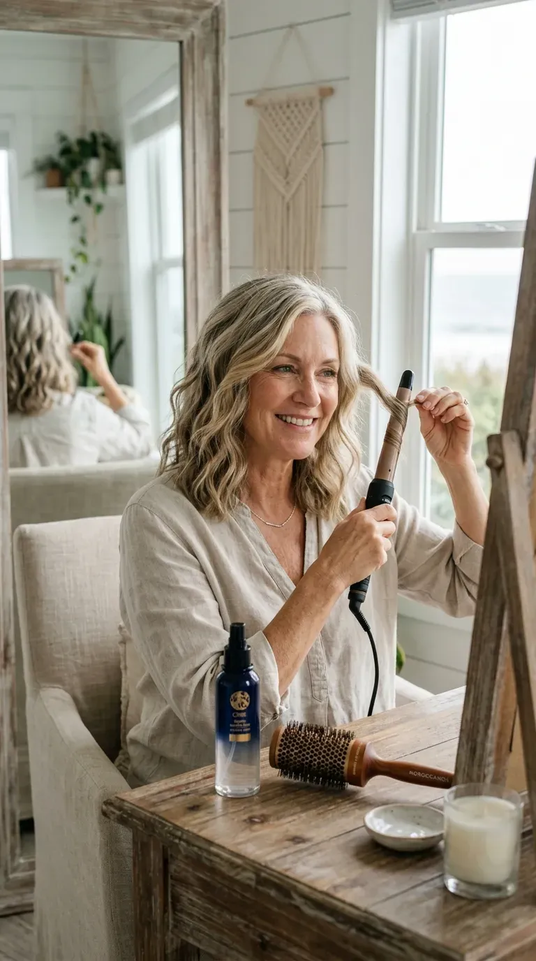 Woman over 50 curling fine layered hair into loose beachy waves for soft fullness