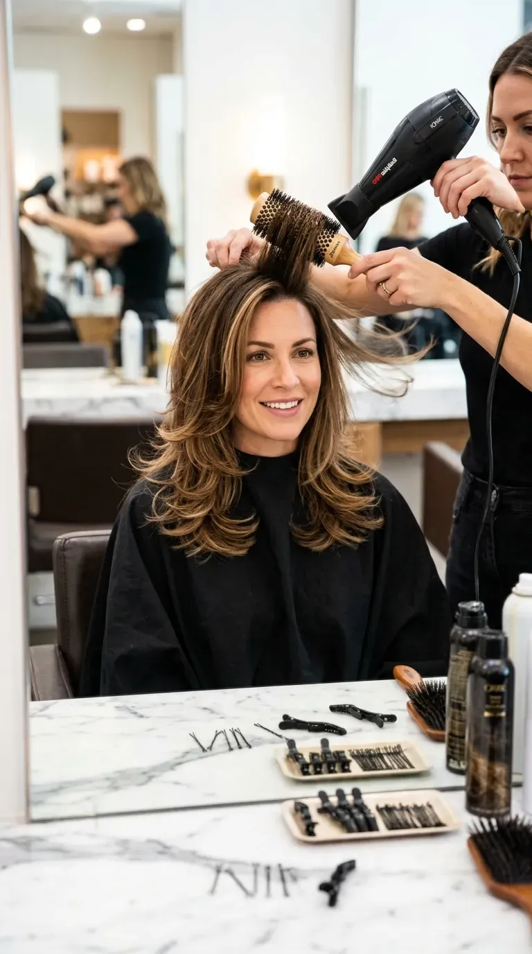 Voluminous blow-dried layered hairstyle with lifted roots and bouncy ends