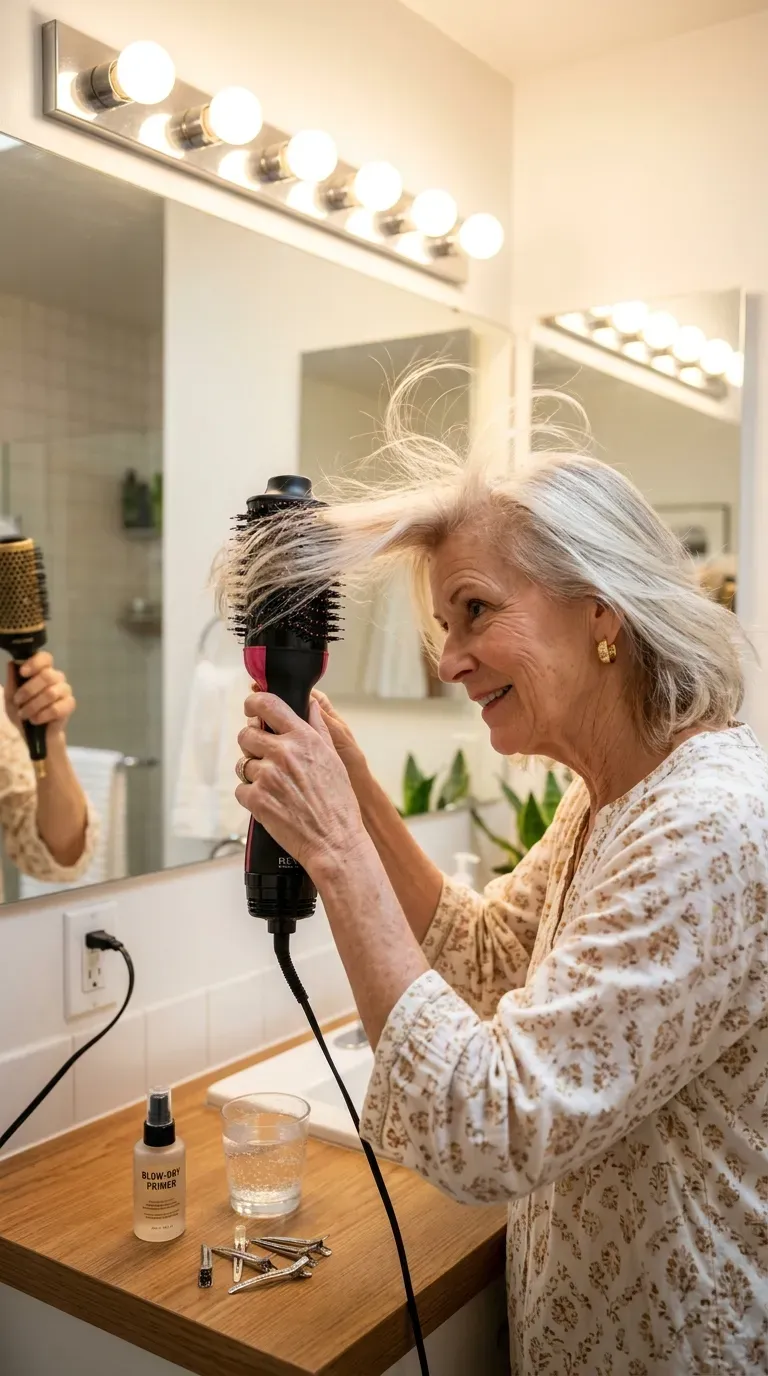 Woman over 60 blow drying thin hair with a round brush to create a root flip for fullness