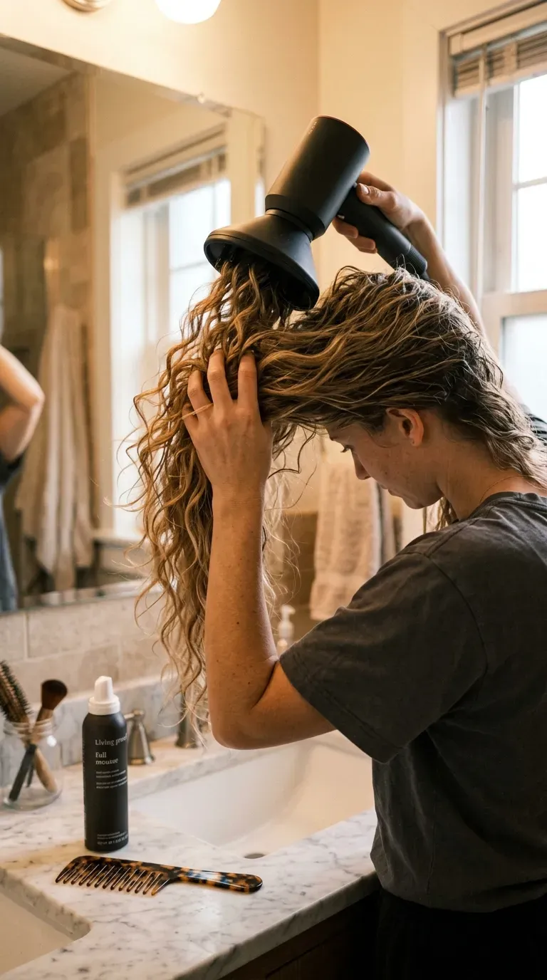Woman over 50 using a diffuser finish for blow-dried volume on long layered hair