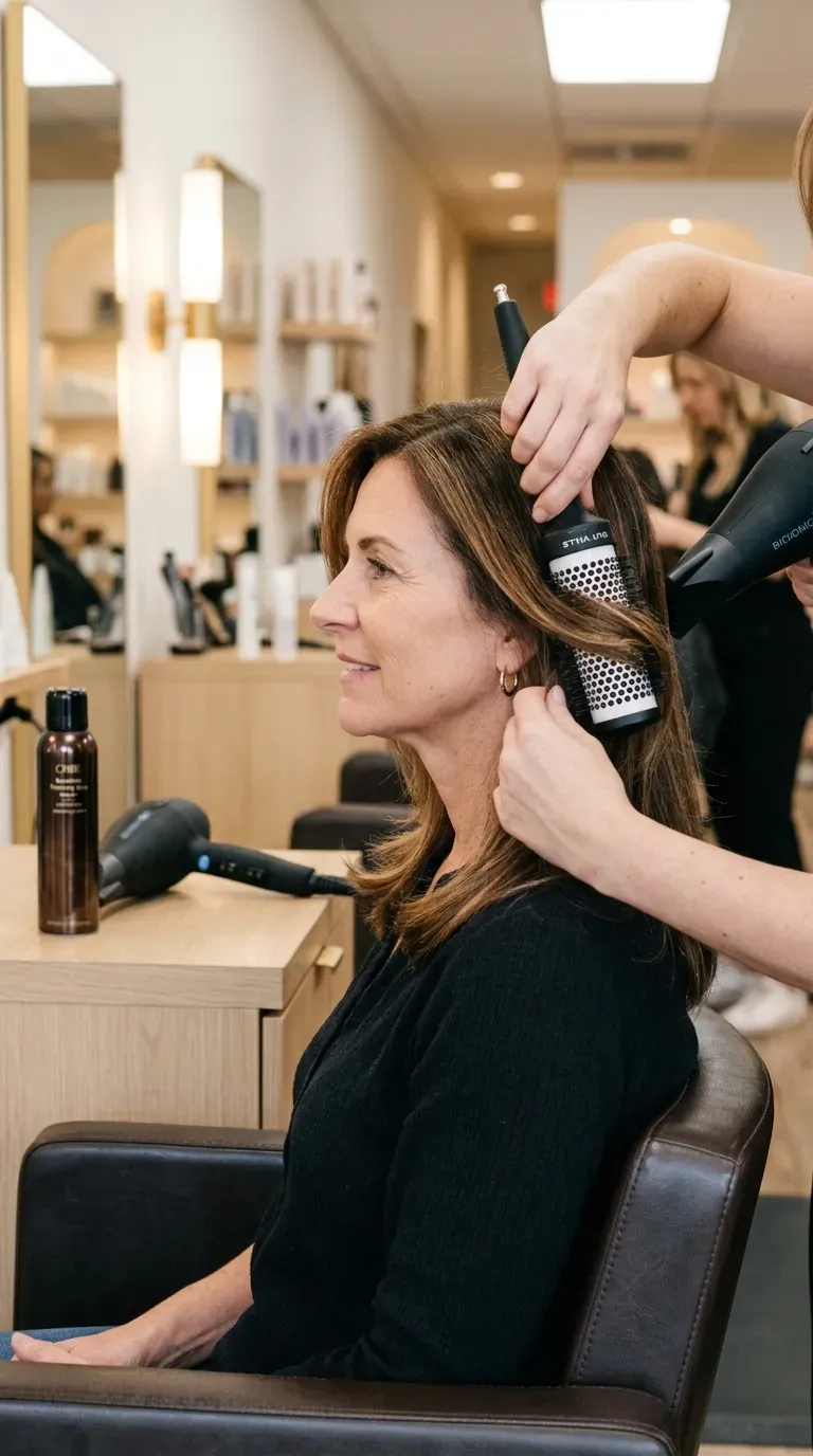 Woman over 50 getting front layers blown out with a curved inward flip