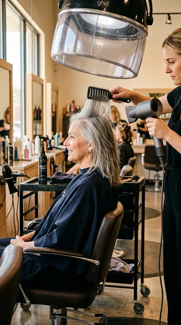 Woman over 50 with fine hair getting a root-lifted blowout on layered hair