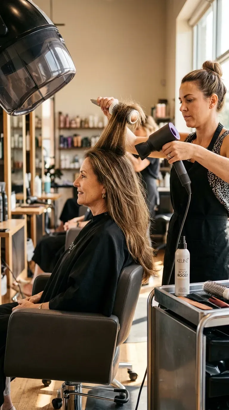Woman over 50 getting long layered hair blown out with volume at the crown