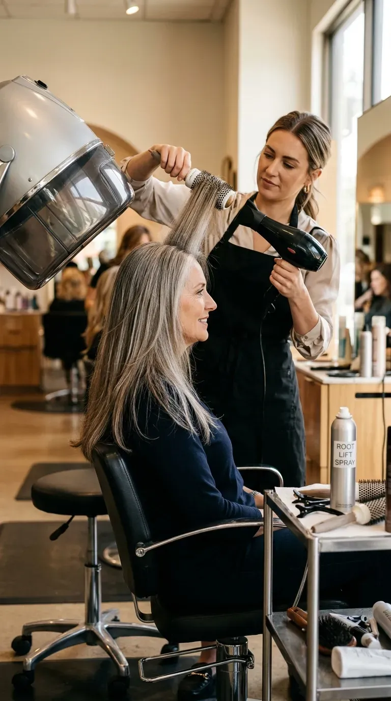 Woman over 50 getting long layered hair blown out straight with root lift