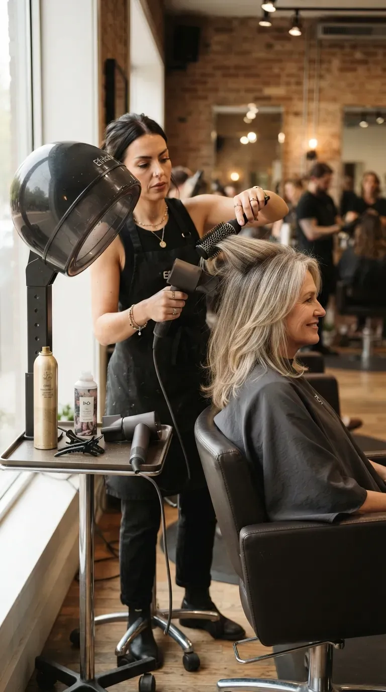 Woman over 50 getting a voluminous root-lifted blowout on medium layered hair