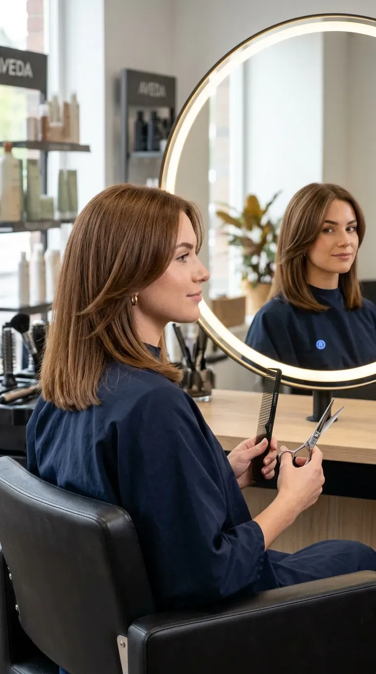 Layered haircut with blunt ends and subtle internal movement for a polished look