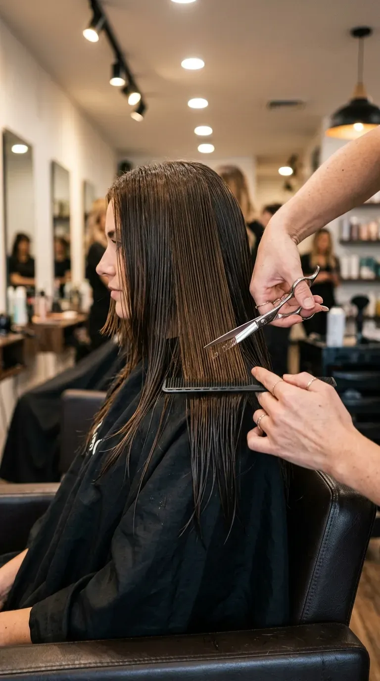 Woman with long layers finished with a blunt horizontal edge at the ends