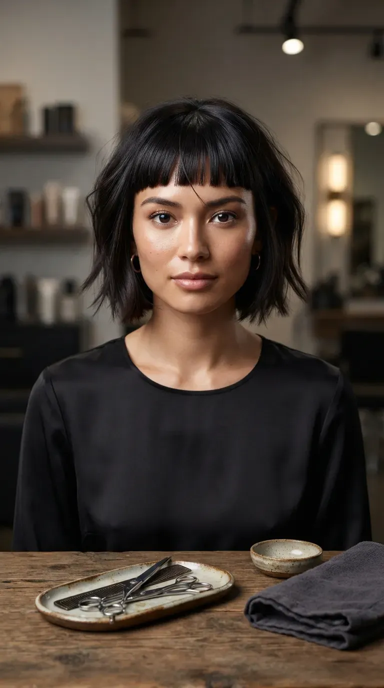 Woman with a choppy bob paired with a straight, blunt-cut fringe above the brow