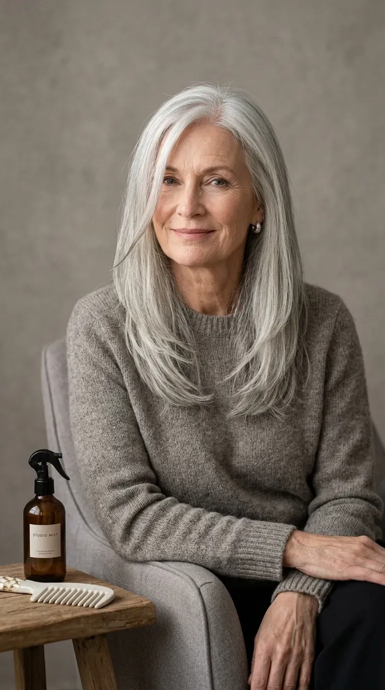 Woman over 60 with mostly blunt long layers and one softening face-framing piece