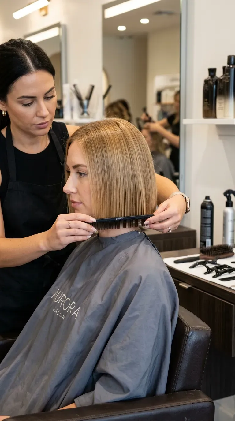Woman over 60 with blunt medium bob haircut for a polished modern line