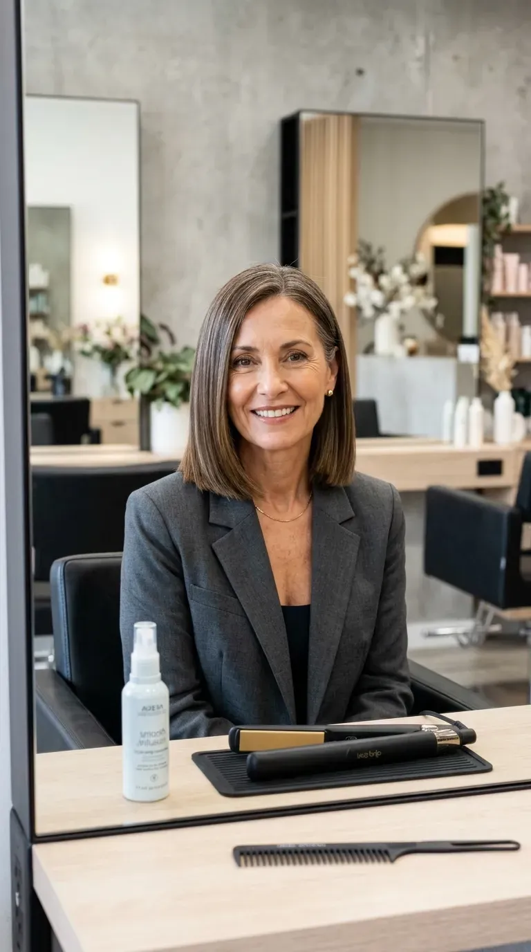 Woman over 50 with a blunt-perimeter haircut and internal layers styled straight and polished