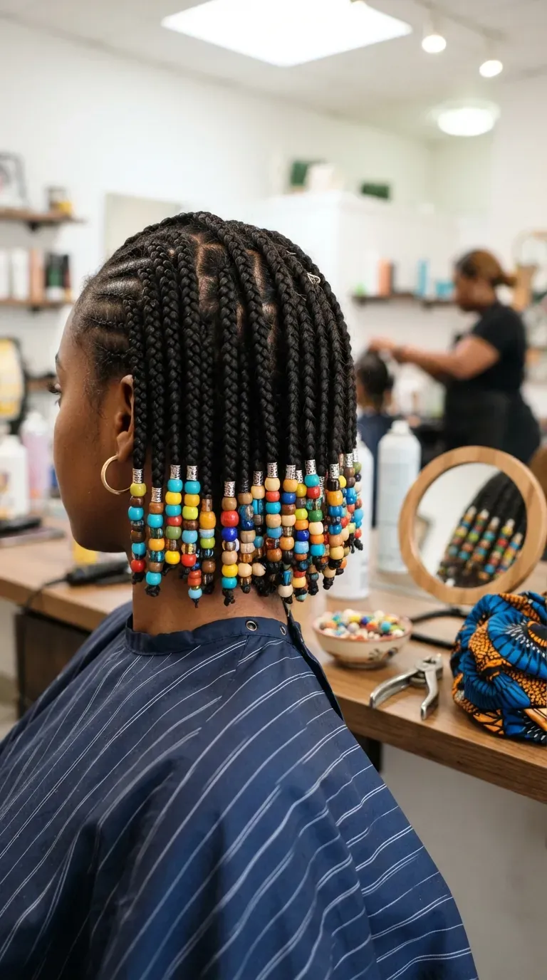 Braided bob hairstyle decorated with colorful beads at the ends