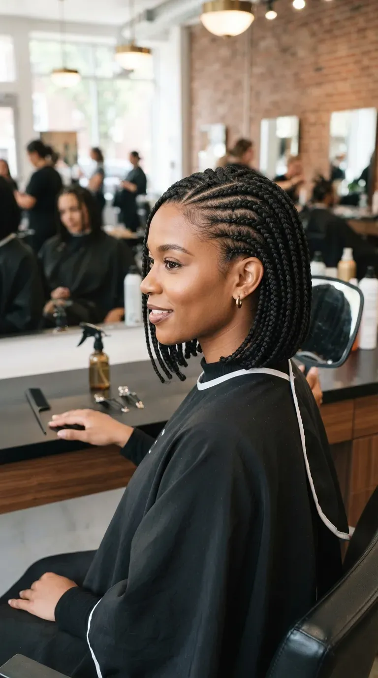 Braided bob hairstyle with cornrows in front transitioning to loose box braids