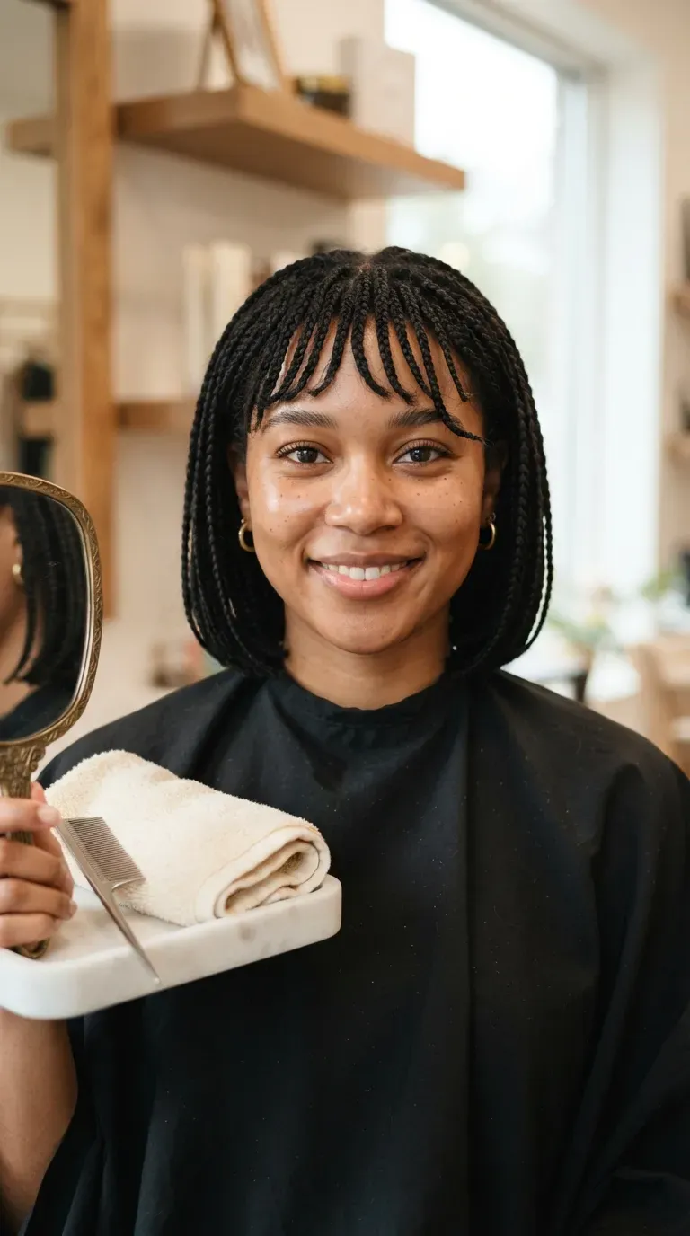 Braided bob hairstyle paired with a braided or natural fringe