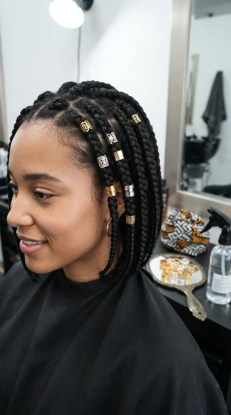 Braided bob hairstyle accessorized with metallic hair cuffs