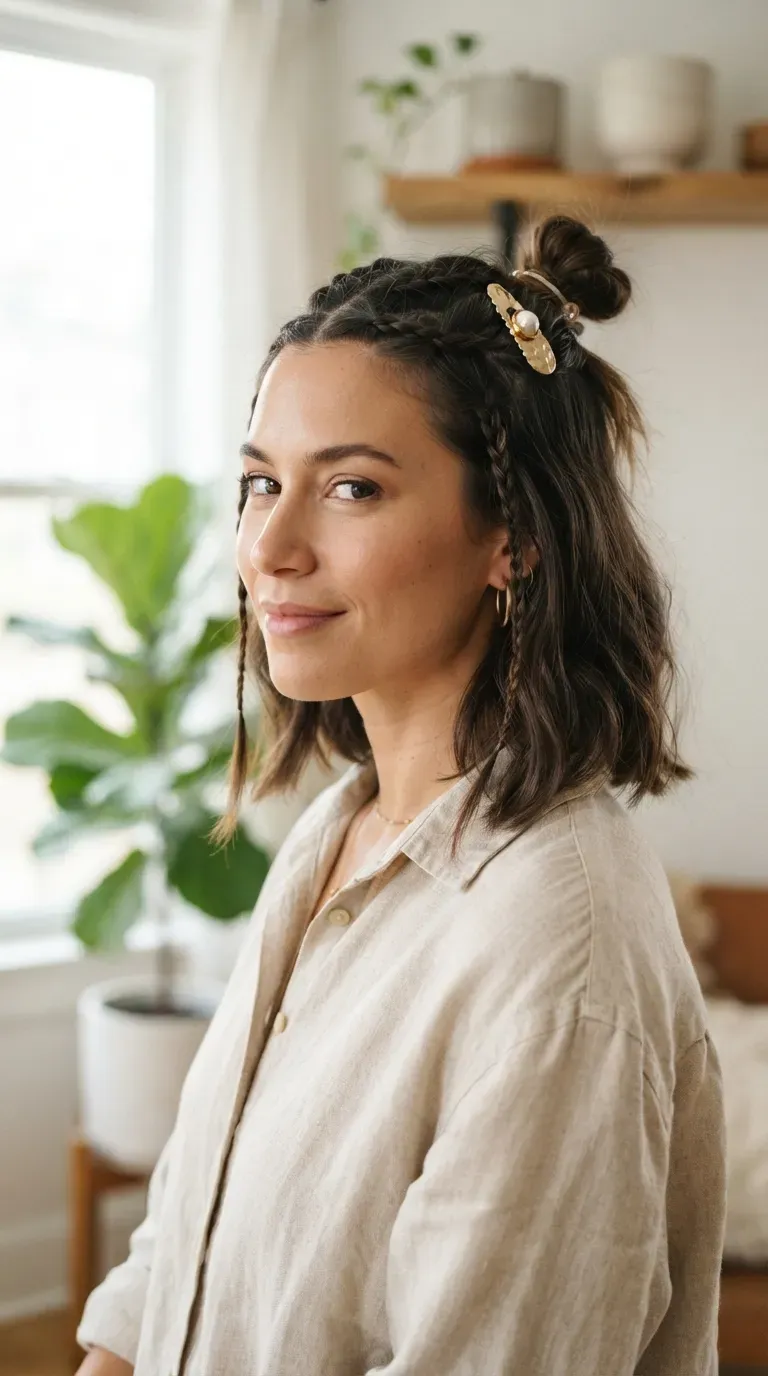 Half-up braided bob hairstyle with the top section pinned back