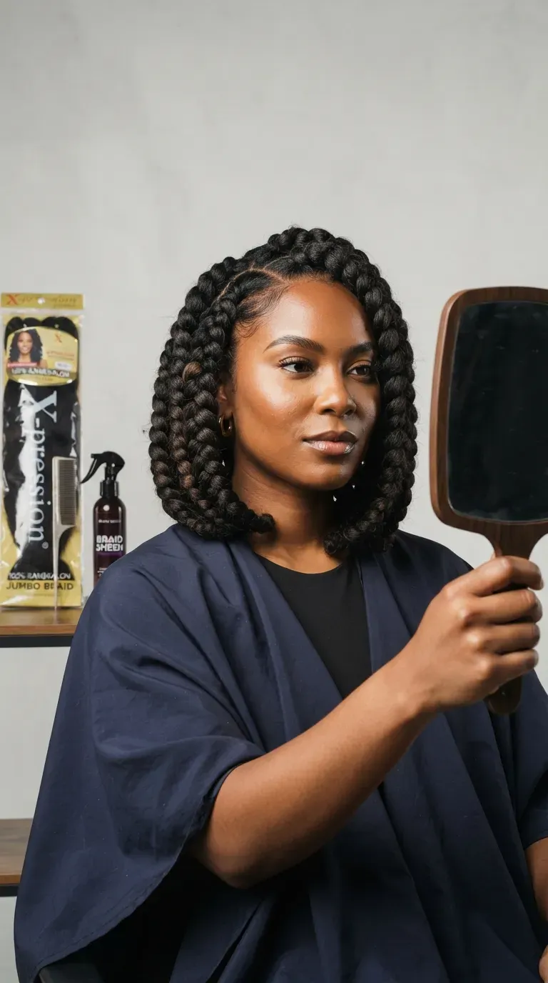 Jumbo braid bob hairstyle with a few thick, bold braids