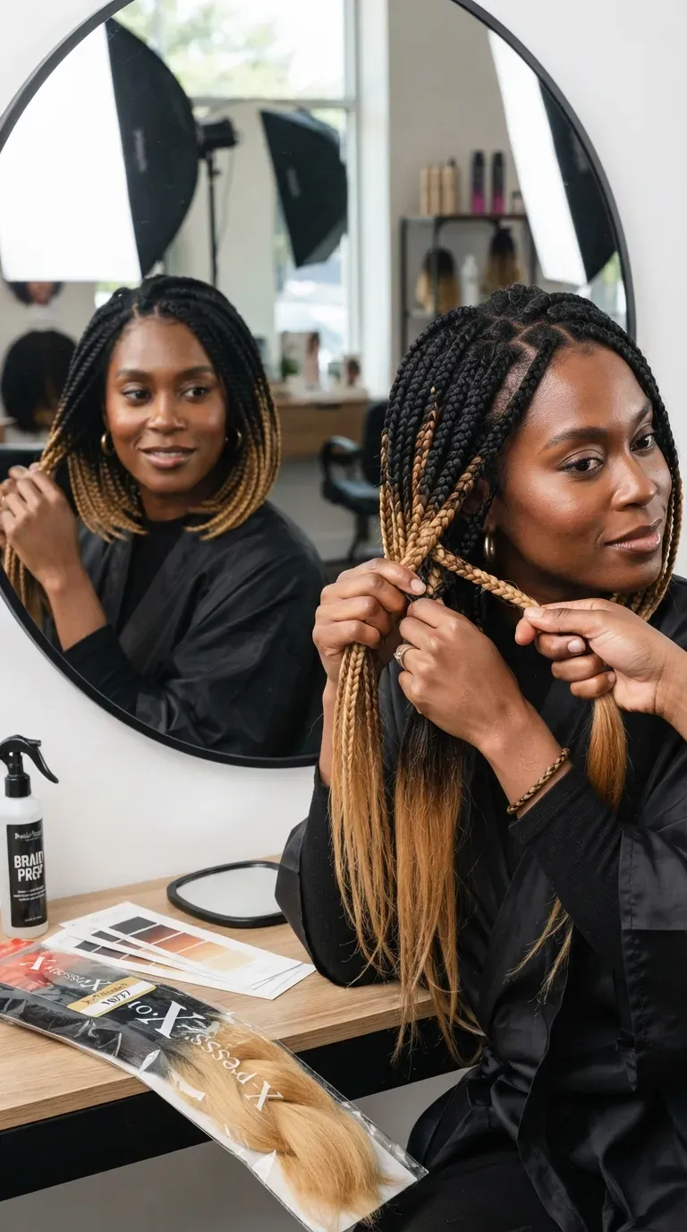 Ombre braided bob hairstyle transitioning from dark roots to lighter ends