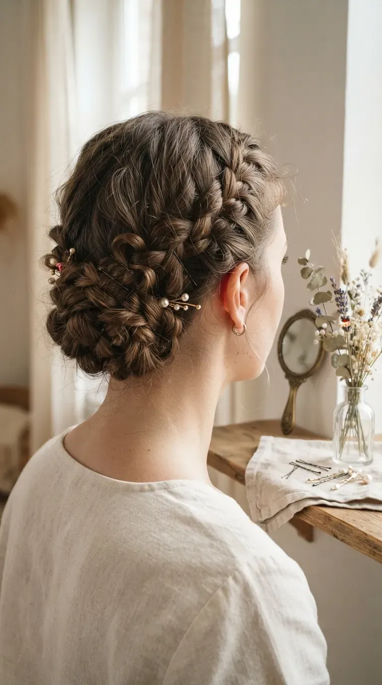 Pinned-up braided bob hairstyle styled into a low updo