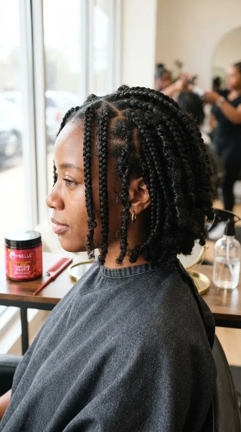 Braided bob hairstyle with a few two-strand twist accents mixed in