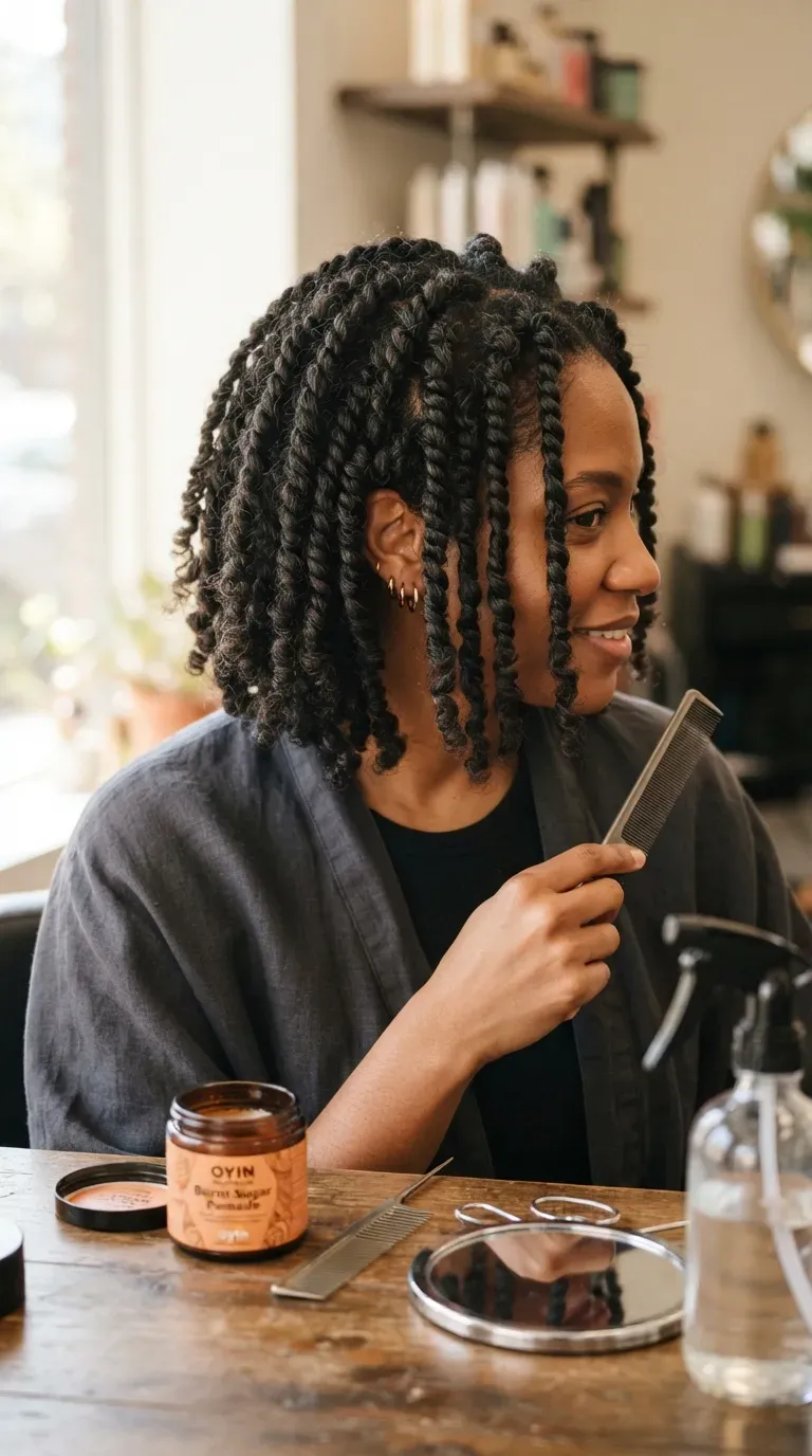 Textured twist braid bob hairstyle with two-strand twists at bob length