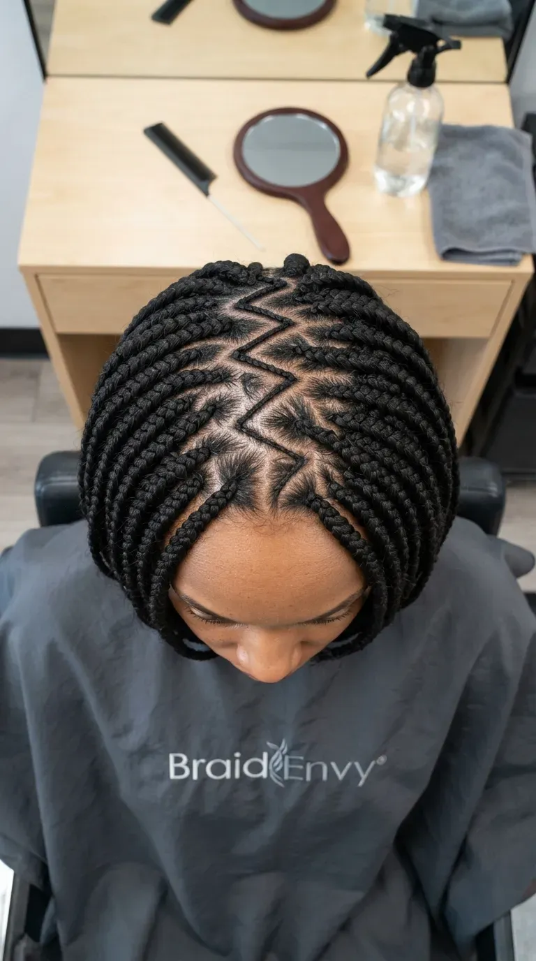 Braided bob hairstyle with a zigzag part detail