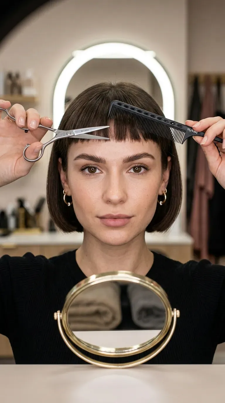 Woman with a short bob and a graphic micro-fringe adding fullness