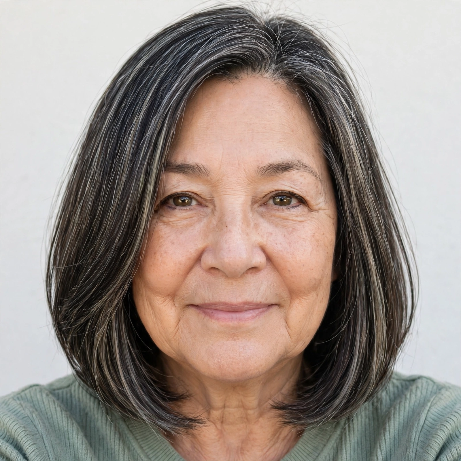 Woman over 60 with round face shape wearing a bob cut to elongate features