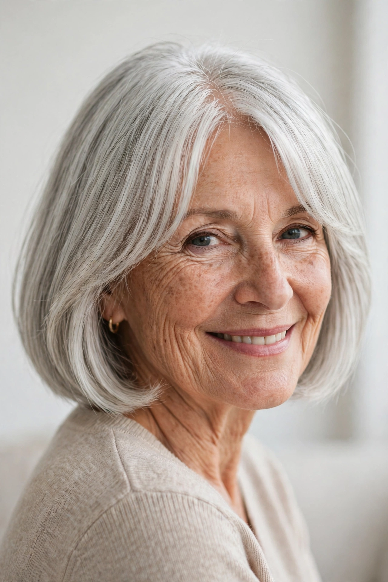 Woman over 60 with soft curtain bangs paired with a bob hairstyle