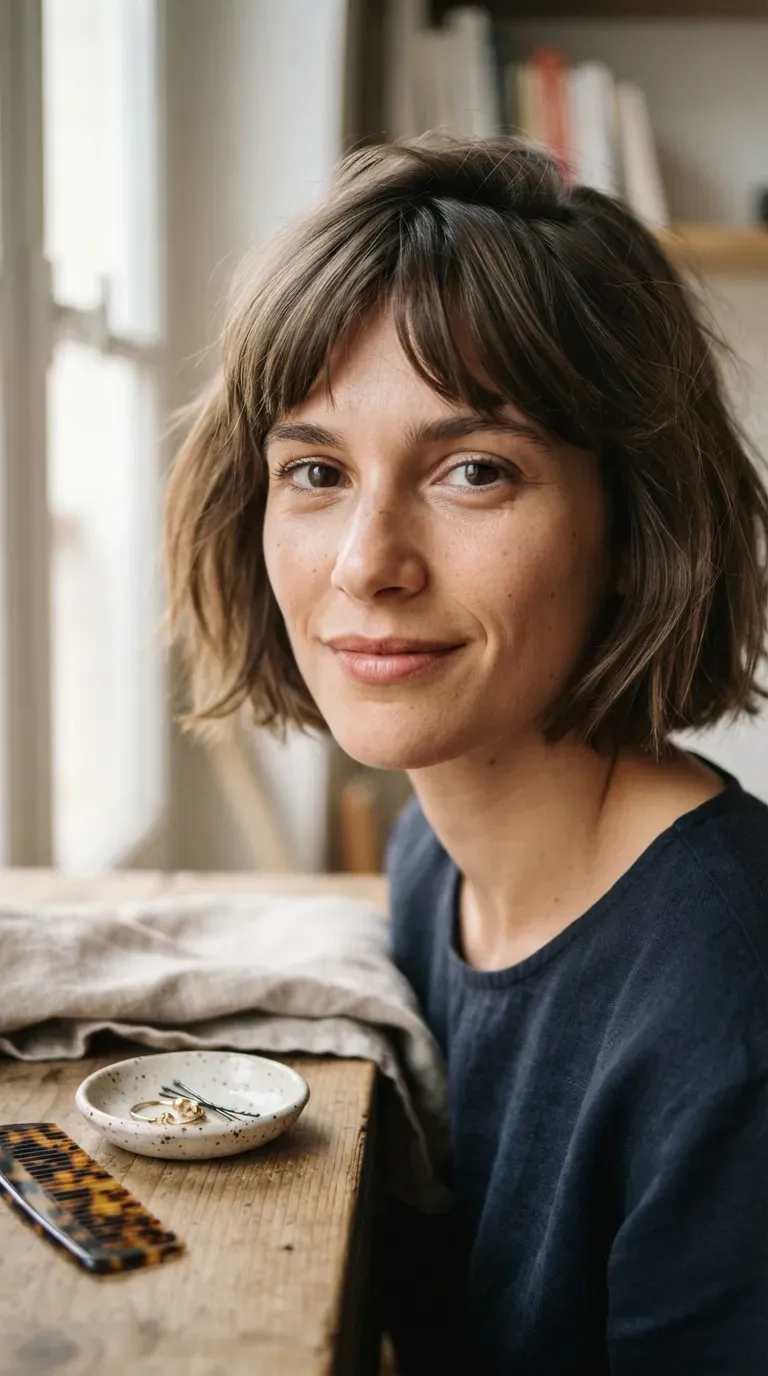 Close-up of a choppy bob with bottleneck bangs parted just above the brow